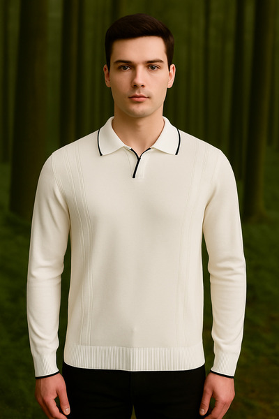 Maccali Ανδρικό πουλόβερ με ριγέ λαιμόκοψη, βασικό φαρδύ λευκό χειμωνιάτικο πουλόβερ