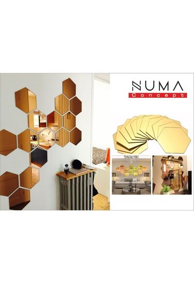 Numa Concept Altıgen Ayna Bal Peteği 12'li Gold Pleksi Duvar Dekorasyon Her B...