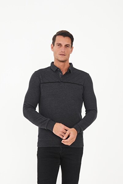 Maccali Men's Versatile Striped Winter Long Anthracite Polo Neck T-Shirt