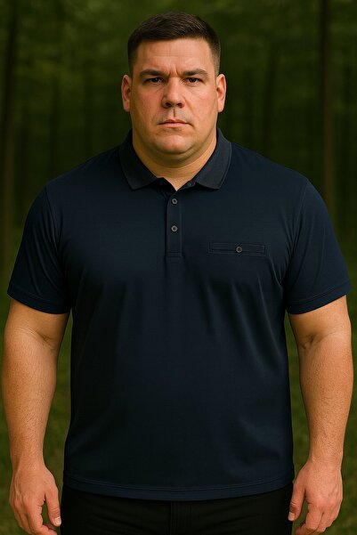 Maccali Men's Plus Size Basic Navy Blue Polo Neck T-Shirt with Pockets