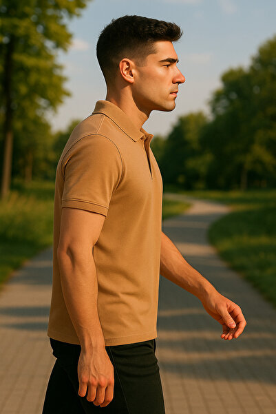 Maccali Men's Short Sleeve Zippered Basic Camel Polo Neck T-Shirt