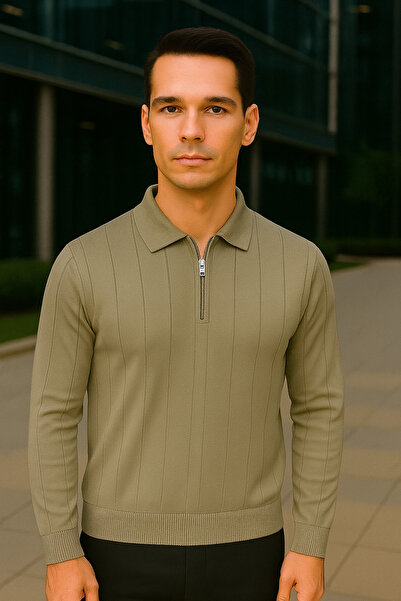 Maccali Erkek Çizgili Bej Polo Yaka Fermuarlı Sweatshirt