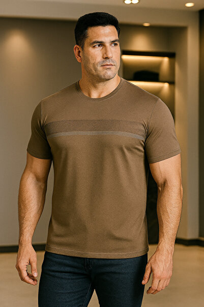 Maccali Men's Patterned Short Sleeve Large Size Loose Brown T-Shirt