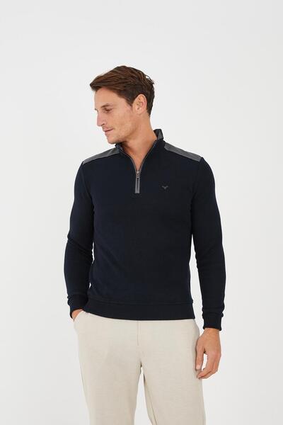 Maccali Чоловічий зимовий светр з коміром і візерунком на плечах, темно-синій