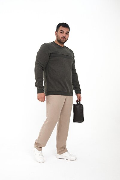 Maccali Erkek Büyük Beden Çizgili Uzun Battal Düz Haki Sweatshirt