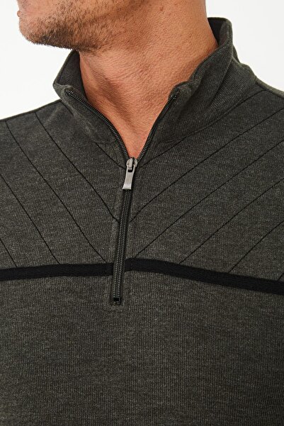 Maccali Men's Urbanedge Striped Zippered High Top Khaki Sweatshirt