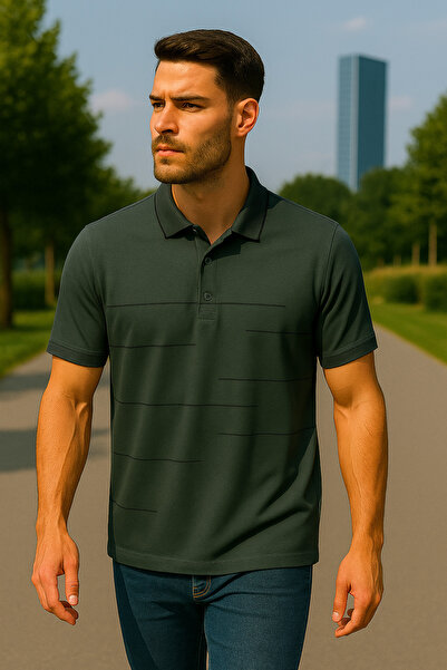 Maccali Men's Striped Cotton Khaki Polo Neck Basic T-Shirt