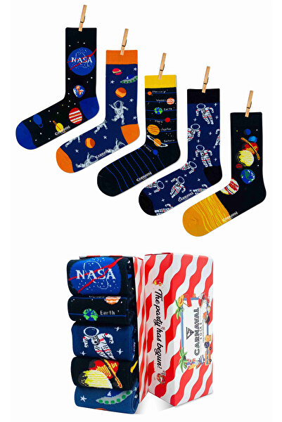 CARNAVAL SOCKS 5’li Gezegen ve Uzay Temalı Çorap Seti | Erkek Pamuklu Desenli Çoraplar | Hediye Kutulu