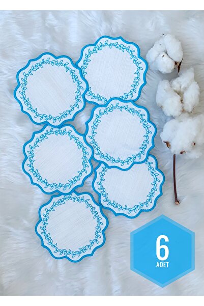 İNCİ ÇEYİZ 6 Pieces Linen Fabric Embroidered Coffee Side Cocktail Napkin & Coasters