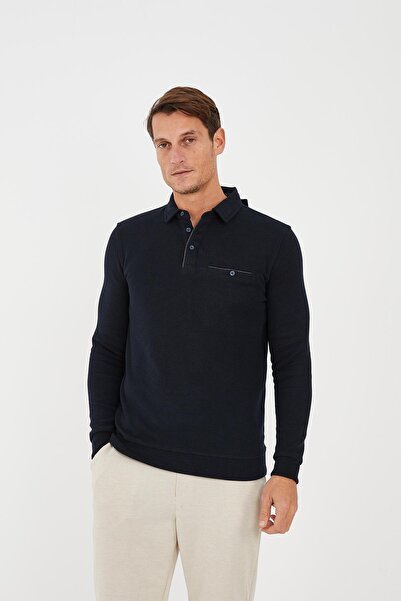 Maccali Ανδρικό μπλουζάκι Timeless Basic Long Plain Navy Blue Polo με τσέπες