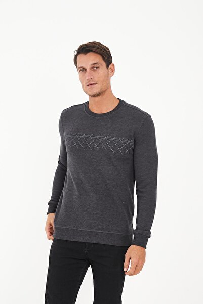 Maccali Men's Cloudfit Basic Long Crew Neck Pattern Anthracite Sweatshirt
