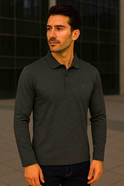 Maccali Ανδρικό μακρυμάνικο μπλουζάκι με γιακά πόλο, καθημερινό βασικό καπνιστό