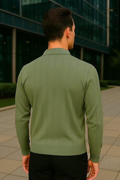 Maccali Ανδρικό φούτερ με ριγέ πράσινο γιακά πόλο με φερμουάρ