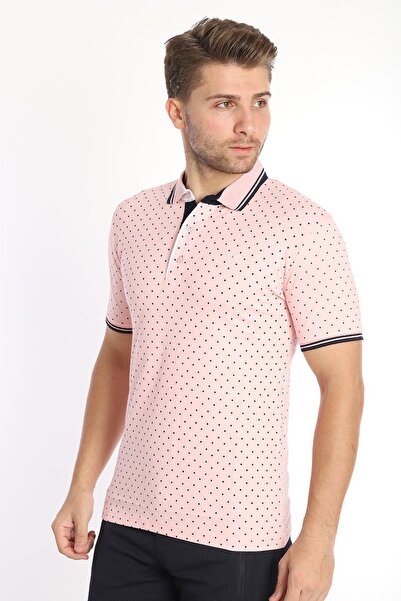 Piyera Tricou pentru bărbați, roz, din țesătură americană piqué, cu buline, c...