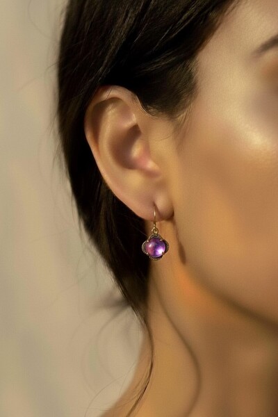 Süspüs Accessories Amethyst Stone Flower Model Authentic Earrings