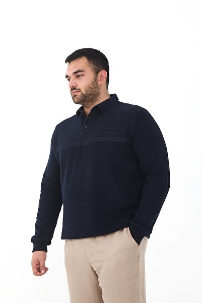 Maccali Erkek Desenli Büyük Beden Düz Battal Lacivert Polo Yaka T-Shirt