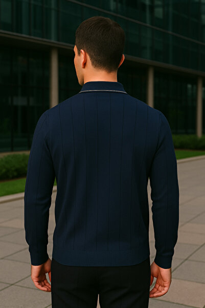 Maccali Чоловічий смугастий темно-синій светр з коміром-поло та застібкою-блискавкою