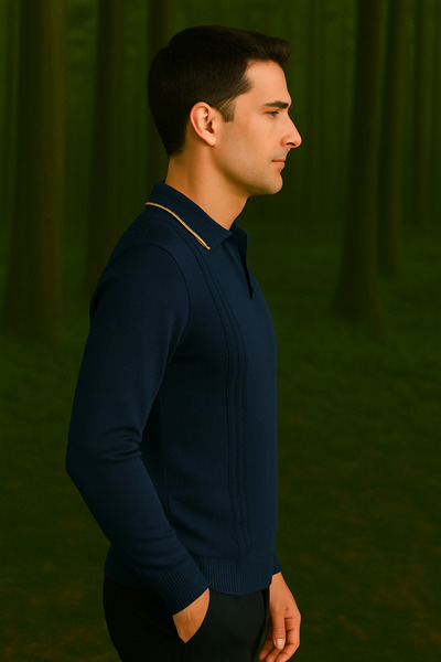 Maccali Чоловічий поло з коміром-стійкою, смугастий, базовий, синій, зимовий светр