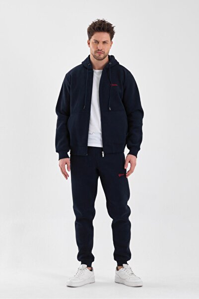 Piyera Men's Three Yarn Hooded Zipper Closure Pocket Elastic Leg Navy Blue Re...