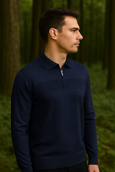 Maccali Чоловічий смугастий светр з застібкою-блискавкою та коміром-поло, темно-синій, зимовий