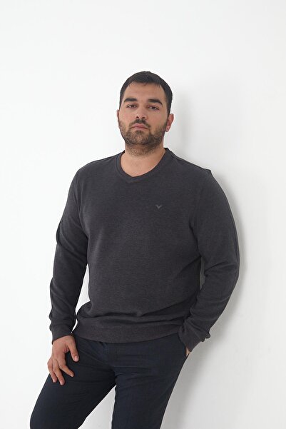 Maccali Men's Large Size V-Neck Oversized Basic Anthracite Sweatshirt