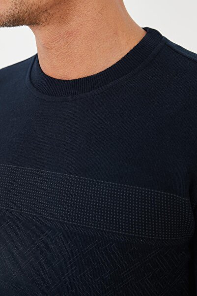 Maccali Ανδρικό μακρύ βασικό φούτερ με μοτίβο με λαιμόκοψη Navy Blue