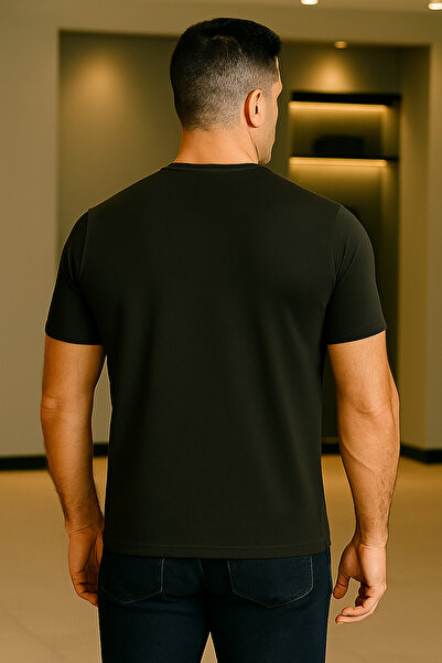 Maccali Men's Patterned Short Sleeve Large Size Loose Black T-Shirt