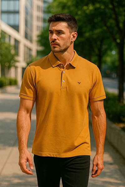 Maccali Men's Slim Fit Short Sleeve Basic Camel Polo Neck T-Shirt