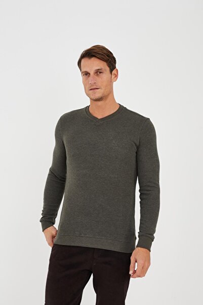 Maccali Ανδρικό φούτερ RelaxFit Χειμερινό μονόχρωμο χακί με λαιμόκοψη