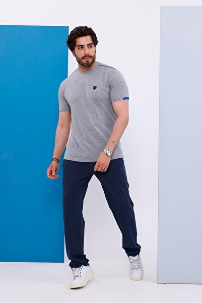 Piyera Men's Battal Size Light Gray Crew Neck T-Shirt Bottom-Top Set - 130