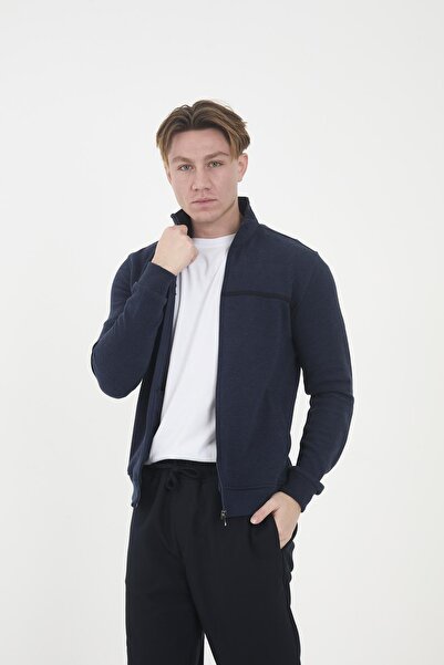 Maccali Чоловічий EchoWave смугастий прямий комір на блискавці, однотонний синій світшот