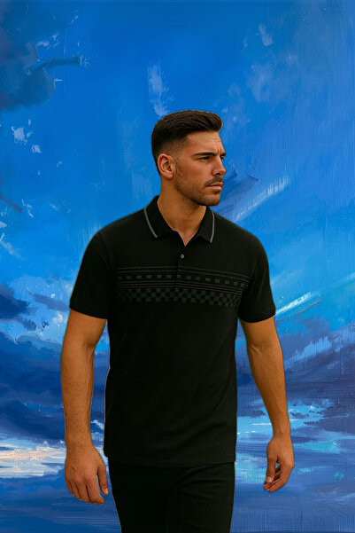 Maccali Men's Short Sleeve Patterned Black Polo Neck T-Shirt