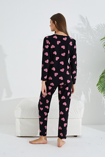Siyah İnci siyah pembe kalp desenli Pamuklu Pijama Takımı