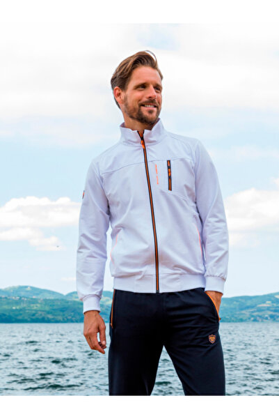 Piyera Men's White Two Thread Fabric Di Mock Neck Long Sleeve Tracksuit Set with Ermuarli Pockets - 7402