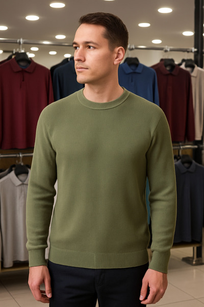 Maccali Ανδρικό πλεκτό πουλόβερ με ριγέ χακί λαιμόκοψη