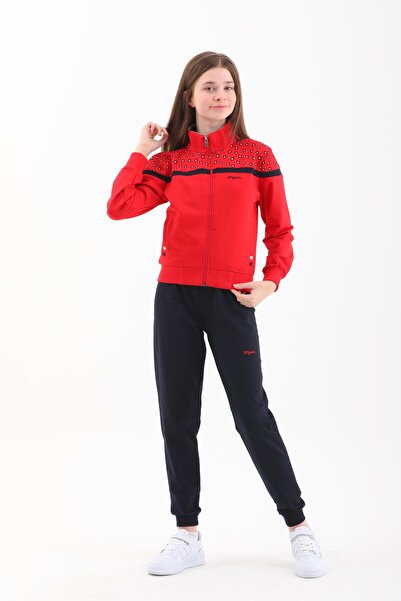 Piyera Girl's Red Elastic Leg Zippered Mock Neck Tracksuit Set - 4006