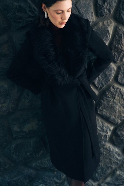 Sateen Kürklü Kaşe Kaban - SİYAH