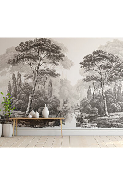 Tasarım 3D Siyah Beyaz Orman Manzara Duvar Kağıdı Poster