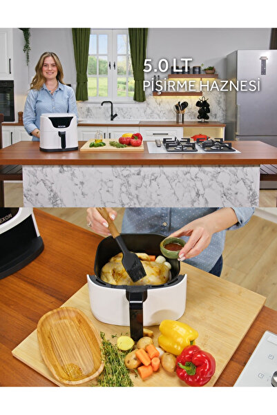 Rexon Yağsız Fritöz 5 Litre Geniş Hacim Airfryer Dijital Ekran Akıllı Pişirme Yapışmaz Teflon Zemin BEYAZ