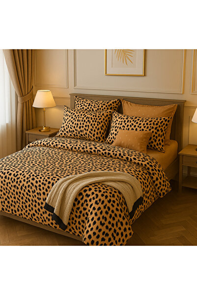Set de lenjerie de pat dublu, 6 piese, imprimeu leopard, bumbac moale, 200x230 cm, bej/auriu miniatura 3