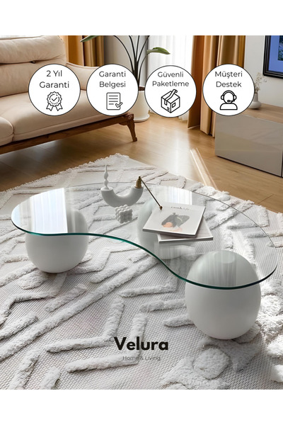 Velura Home & Living Modern Orta Sehpa & Küre Sehpa & Bohem Top Sehpa & Cam Sehpa Beyaz
