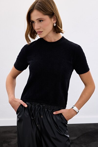 Sateen Πλεκτό κοντομάνικο με γένια - Μαύρο