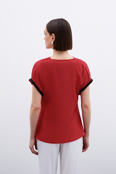 Sateen Bluză casual cu mâneci cu detalii de piatră - roșu