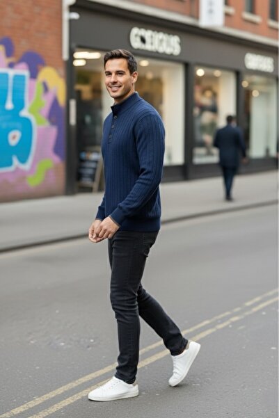 Boris Becker Ayon Синій колір Комір на ґудзиках Плетені коси Кашеміровий трикотаж