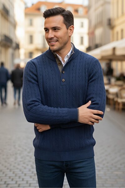 Boris Becker Ayon Lacivert Renk Düğmeli Yaka Saç Örgü Kaşmir Triko