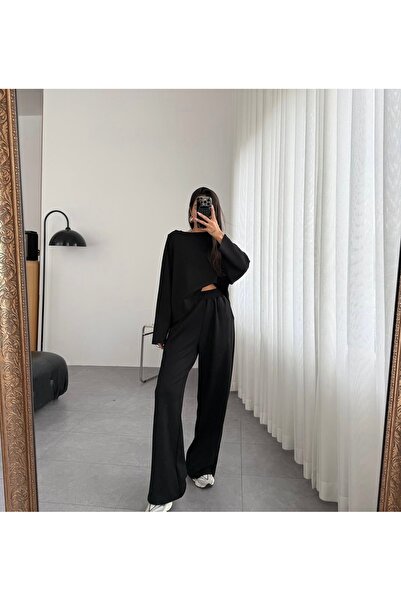 LUMİ Women's Black Off-Shoulder Casual Two-Piece Set – Wide-Leg Pants, Soft F...