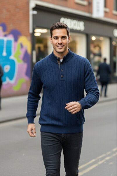 Boris Becker Ayon Синій колір Комір на ґудзиках Плетені коси Кашеміровий трикотаж