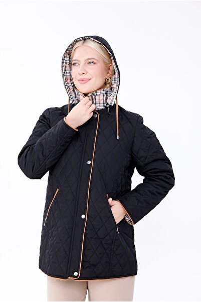 Butik Plus Size Cotton Plaid Quilted Coat - Hooded Seasonal Coat (Mg001)