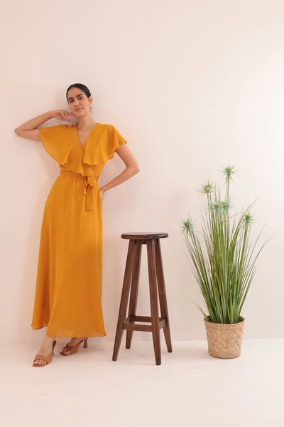 Genel Markalar Aerobin Şifon Kumaş Kadın Allerli Elbise-Hardal