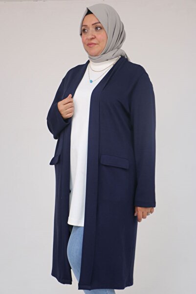 Eslina 53048 Plus Size Long Modal Jacket with Pockets - Navy Blue